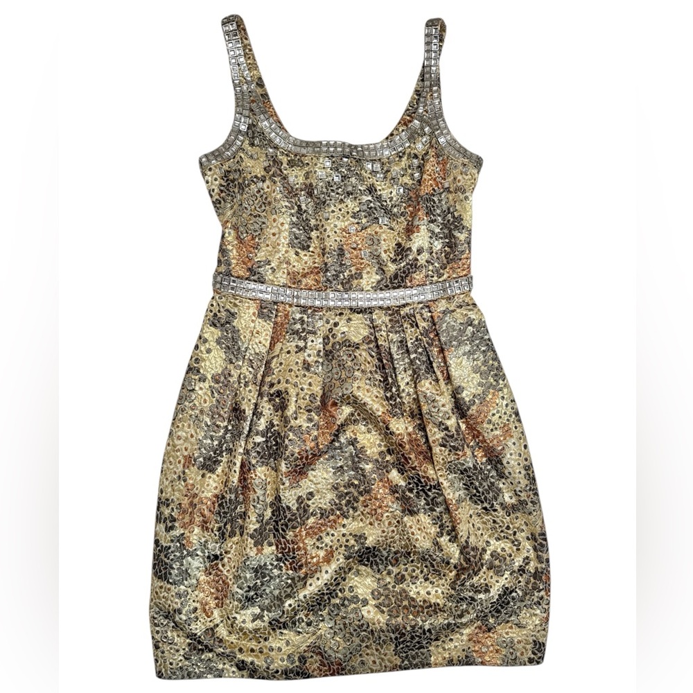 Carmen Marc Valvo Jeweled Metallic Brocade Cocktail Dress